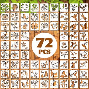 72개 식물 스텐실 세트, 재사용 가능한 나비 및 꽃 페인팅 템플릿 - 잎, 잠자리, 야생화 포함, 자연 공예용, 벽화, 패브릭 아트 및 교실 프로젝트에 적합