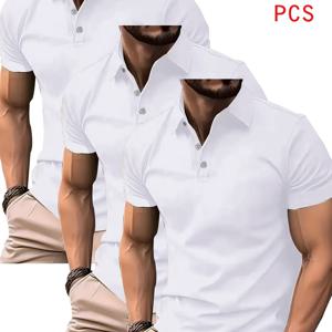 POLO 셔츠 단색 라펠 3피스 세트, 통기성 좋고 속건성 골프 캐주얼 셔츠, 가볍고 탄성 있는 폴리에스터 버튼 디자인, 여름 오피스, 요트 웨어, 데일리 드레스에 적합, 앵커 프린트, 편안한 핏 반팔 상의