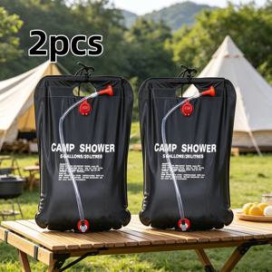 초대형 샤워용 수납백 2개, 20L 대용량 워터백, 휴대용 PVC 강화 소재, 빨간색 호스 및 노즐 포함/접이식 캠핑 정수기, 하이킹, 여행, 캠핑용 샤워백