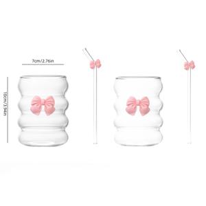 4개입 (컵 2개, 빨대 2개) 핑크 리본 빨대 유리컵, 차가운 음료 컵, 주스 컵, 컵, 높은 미적 감각의 창의적인 물컵, 질감 있는 바텐더 컵, 아이스 커피, 음료, 주스, 우유, 차 등에 매우 적합