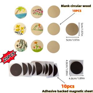 20개 10개 무지 원형 나무 + 10개 접착식 마그네틱 시트, 냉장고 자석용 재료 키트, DIY 미술 프로젝트용품용 칠할 수 있는 원형 나무, 자석식 가정용 정리 및 스타일링