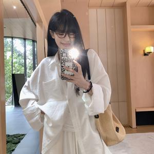 여성용 2피스 세트: 릴랙스 스타일 휴가 캐주얼 루즈핏 원단 셔츠 상의 + 와이드 레그 팬츠, 4가지 사이즈 선택 가능