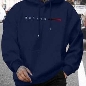 남성용 후드티, 'Boston' 그래픽 프린트, 포켓 및 드로스트링이 있는 스타일리시하고 캐주얼한 디자인으로 봄, 가을 일상복으로 완벽