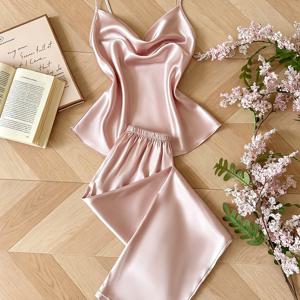 러플 넥라인 디자인 캐미 롱 팬츠 파자마 세트 2pcs 스위트 젠틀 세트
