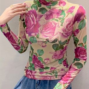 유럽산 2023 봄/가을 신상 빈티지 프린트 여성용 티셔츠, 긴소매 스타일리시 안감 하이넥 베이스레이어 탑