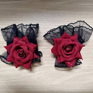 버건디 로즈 레이스가 있는 검정 댄스 팔찌 2개, Lolita 스타일 - 스타일리시한 플로럴 고딕 스타일, 여성용 - 검정 드레스 댄스 액세서리