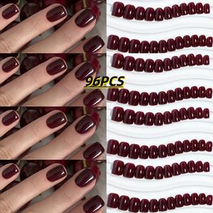 96pcs 우아한 패션 다크 숏 스퀘어 인조 네일, 광택 표면, 쉽게 제거 가능 & 재사용 가능 네일 스티커, 여성 및 모든 계절에 적합, 데일리 웨어, 할로윈, 크리스마스, 크리스마스 이브, 새해, 데이 등