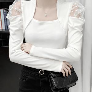 여성 춘추동계절 스퀘어 넥 망사 티셔츠 솔리드 슬림핏 데일리 캐주얼 톱 어깨 퍼프 소매 디자인 엘레강스 슬림소녀