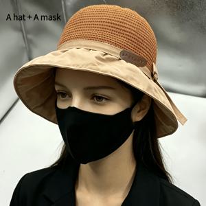 인플루언서 인기 올매치 야외 햇빛 가리개 모자, 2개, 모자 및 마스크, 넓은 챙 어부 모자 휴대용 모자 리본 여성 모자