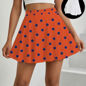 [프린트 디자인-텍스처 아님] 오렌지 바탕에 파란색 물방울 무늬가 있는 프린트 미디 스커트, 내장 반바지, 하이웨이스트 스커트, 여름 스포츠 스커트, 십 대를 위한 트렌디한 스타일, 스타일리시한 여름 의상 연출, 십 대용
