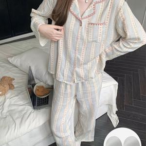 [LLU] 내장 브라 패드 잠옷 여성용 봄 가을 카디건 긴팔 긴바지 레이스 신상 봄 여름 홈웨어 2pcs 세트 핫 아이템