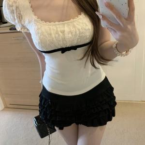 스위트 광택 퍼프 슬리브 레이스 패치워크 반팔 티셔츠 여성용 한국 스타일 연령 감추기 바디 핑크 탑