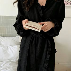 스위트 러플 나이트가운 여성 봄 여름 신상 긴팔 잠옷 캐주얼 공주 스타일 봄 가을 단색 로브 미디엄 레인지 여성스러운 드레스 작은 키의 목욕 가운 홈웨어 외출 가능