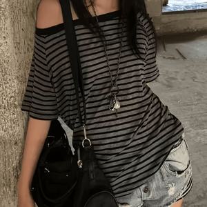 오프숄더 빈티지 컬러블록 티셔츠 1개, 핫탑, 새로운 여성용 여름 스타일, 레귤러 숄더 Y2K 반팔 고급 여성 의류