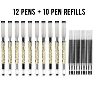 [펜 12개 및 리필 10개] 0.35mm 가는 검정 젤 펜 세트, 일본 스타일 젤 펜, 부드럽고 빠른 건조, 번짐 방지 젤 펜, 학생 필기/사무 회의록/저널링 전용 펜, 한국 스타일의 높은 미적 감각 문구류