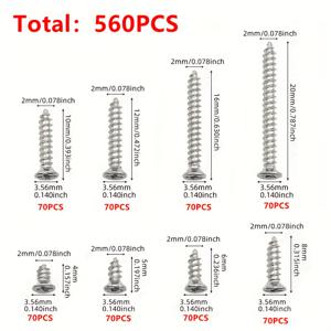 560개 셀프 태핑 목재 나사 세트 | M2 금속 십자 납작 머리 | 십자 드라이버 비트 | 보드 및 캐비닛에 적합 | 다양한 크기, 목재 나사, 목재용