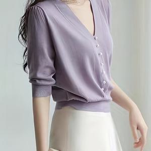 우아한 진주 단추 브이넥 베이스 레이어 탑, 여성용 신상 여름 루즈핏 활용도 높은 카프리 소매 티셔츠