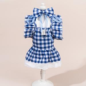 블루 앤 화이트 체크무늬 웨딩드레스, 웨딩 정장, 인형 칼라 프렌치 스타일 강아지 옷, 고양이 옷, 의류 드레스, 플러터 소매, 나비넥타이, 레이스, 귀여운 반려동물 의류, 진주 펜던트, 코사주, 크리스마스, 할로윈, 부활절, 선물