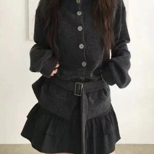 센스 디자인 허리 스트랩 스몰 터틀넥 스웨터 스웨터 롱 여성용 가을/겨울 상의 버튼 가디건 루즈 코트