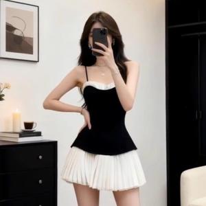 소녀감 컬러 대비 패치 하트넥 스트랩 원피스 여성용, 가을겨울 프렌치 스타일 허리 조임 슬림 A라인 주름 원피스