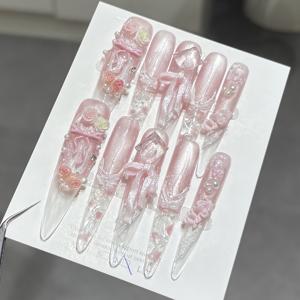 핑크 쉬머 고양이 눈 롱 스틸레토 프레스온 네일, 3D 리본 장미 꽃 펄 및 사각 라인스톤 장식, 화이트 레이스 텍스처 클리어 그라데이션 재사용 가능한 코quette 브라이덜 아크릴 인조 네일 (여성용)