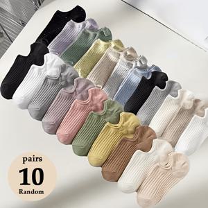 랜덤 남녀 반바지 양말 10켤레, 봄 여름 얇은 보트 양말 얕은 입구 발목 양말, 간편한 패션 보이지 않는 양말, 봄 여름에 적합