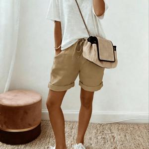 여성 솔리드 컬러 탄성 허리 드로스트링 러플 캐주얼 올매치 포켓 반바지, 부드럽고 통기성 좋음, 데일리 외출 및 휴가에 적합