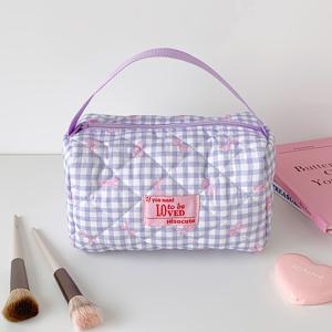 메이크업 정리함-깅엄 리본 나비 매듭 프린트 화장품 가방, 귀여운 학생용 휴대용 핸드 메이크업 파우치, 대용량 휴대용 격자무늬 세면도구 보관 가방, 학교 여행 데일리용 수납 파우치