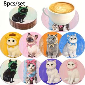귀여운 고양이 코스터 8개 세트 - 미끄럼 방지 및 방열 기능성 음료 매트 | 밝은 색상 패턴 | 고양이 애호가를 위한 필수품 | 부활절/발렌타인데이/할로윈/크리스마스 선물로 이상적 | 스타일리시한 홈
