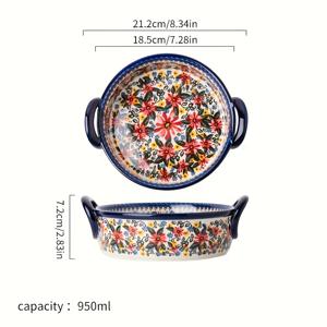 1개 빈티지 스타일 세라믹 서빙 볼 950ml, 손잡이 2개, 플로럴 디자인, 전자레인지 사용 가능, 아름다운 디스플레이 조각