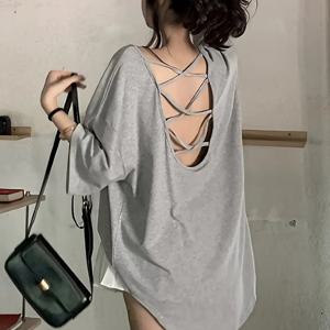 여성 백리스 크로스 반팔 티셔츠 루즈핏 뒷트임 스트랩 롱티셔츠 힙커버 체형커버 여리여리한 꾸안꾸 힙한 스트릿 섹시 바캉스룩 데일리 여름 상의