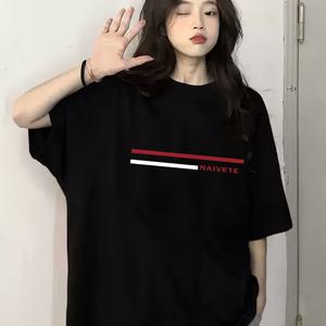 플러스 사이즈, #008 Y2Kins 트렌디한 봄/여름 루즈핏 여성용 마야르드 시크 스위트 앤 스파이시 블랙 프린팅 패셔너블 상의