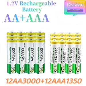 24개입 (12AA 및 12AAA) Ossian 1.2V 고출력 AA 3000mAh AAA 1350mAh 니켈수소 충전식 배터리 세ลล. 게임 컨트롤러 무선 마이크 디지털 카메라 RC 장난감용