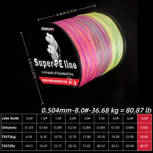 JESHUPEY DAILIMAR 4가닥 PE 낚싯줄 500m, 바다낚시 태클용으로 흔히 사용, 얼음낚시 및 민물낚시용으로 흔히 사용되는 4가닥 PE 낚싯줄, 원că 던지기 부드러운 낚싯줄, 꼬임 낚싯줄, 연 줄