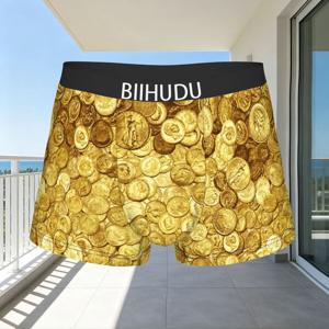 BIIHUDU 남성용 황금 동전 박서 브리프 속옷 1개 - 통기성 좋고 편안한 반바지, 헬스장, 캐주얼웨어 및 일상용으로 적합, 황금 동전 무신축 팬티, 랜덤 프린트 (비침 없음)