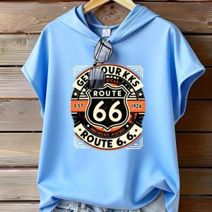 패셔너블한 상의 1개, 아름다운 여성 허리 집어넣는 배트윙 소매 반팔 클래식 Route 66 로드 사인 프린트, 레트로 스타일 디자인 프린트 후드 스웨트셔츠, 루즈 캐주얼 반팔, 봄/여름 슬림 가벼운 통기성 원단