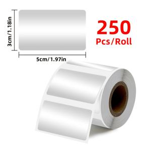무광택 은색 라벨지, PET 재질, 50X30mm, 롤당 250개, 찢김 방지, 스크래치 방지 및 강력 접착 라벨지, 휴대용 감열 라벨 프린터, 가정, 사무실, 주소, 선물, 산업, 상업용으로 적합