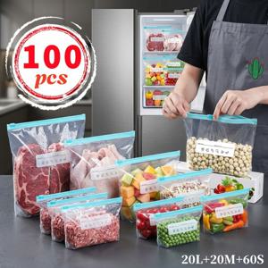 3가지 사이즈 재사용 가능 냉장고 보관백 100개 세트, 필수 주방 지퍼밀봉백, 지퍼 식품 보관백, 식품 분류 보관백, 식품 보존 밀봉백, 과일, 곡물, 채소, 고기에 적합, 주방 수납 및 정리, 주방 액세서리