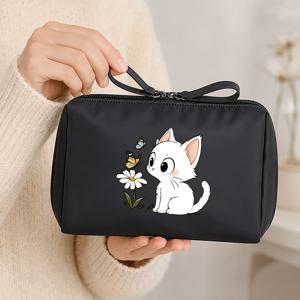 귀여운 아기 고양이 패턴 여행용 메이크업 가방, 양방향 지퍼와 휴대용 손잡이가 있어 일상적으로 쉽게 휴대 가능. 제품, 브러시, 소형 세면도구를 보관하는 세면도구 가방으로 사용하거나 통근, 기숙사, 운동, 캠핑, 출장용 개인 보관 파우치로 활용 가능. 고양이 애호가를 위한 적합한 생일 선물