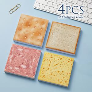 4개 200매 음식 질감 스티커 메모, 빵 치즈 햄 디자인 메모 패드, 창의적인 카와이 음식 테마 데스크 문구, 사무실, 학교, 저널링, 계획 및 일상적인 알림을 위한 새로운 자가 접착식 제거 가능 메모