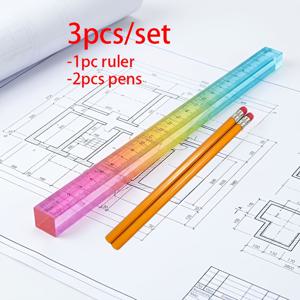 3개/세트: 1개 직선 자 큐브 및 2개 연필, 기하학 도면 2-In-1 도구, 수학 학습 문구 도면 측정 도구, 수학 교사 보조 다기능 플라스틱 기하학적 단체, 신학기 및 졸업 시즌 선물
