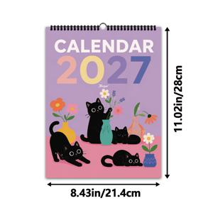 TLENPO 2027년 달력 벽걸이 플래너 1개 - 모던 검은 고양이 꽃무늬 행잉 캘린더, 영문 날짜 포함, 가정 사무실 학교 장식용, 주간/월간 스케줄 플래너, 고양이 애호가를 위한 선물, 크리스마스 결혼식 새해 선물