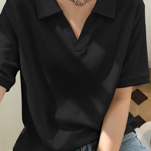 여성용 스트레치 편안한 폴로 카라 반팔 티셔츠, 루즈핏 패치워크 풀오버, 홈 파자마 상의 - 단색 전문점