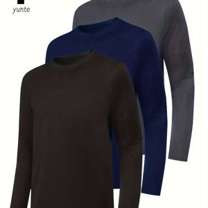 3pcs 블랙-네이비-회색 남성용 운동용 긴팔 라운드넥 셔츠 세트, 속건성 탑, 피트니스 운동복, 캐주얼 야외 스포츠 웨어, 바디 쉐이핑 피트니스 웨어