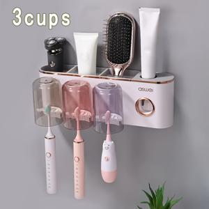 1개 벽걸이 칫솔 거치대 세트 (가글컵 포함), 천공 필요 없음, 자동 치약 디스펜서, 벽걸이 칫솔 보관대, 욕실 액세서리, 플라스틱 칫솔, 치약 튜브 및 가글컵용