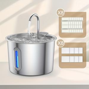 고양이용 물통 - 304 스테인리스 스틸 | 74oz/2.2L | 조용한 실내 애완동물 물 디스펜서 (, 수위 창, 저소음 펌프 포함) - USB 전원, 배터리 불필요