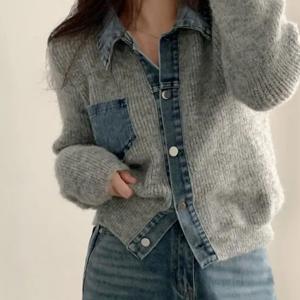 가을 겨울 패션 니치 디자인 데님 스티칭 루즈핏 긴팔 가디건 자켓