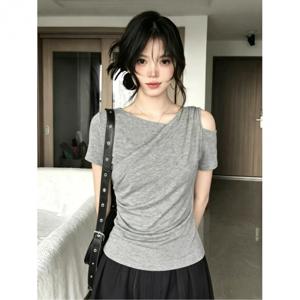 여성 오프숄더 반팔티셔츠 셔링 티셔츠 슬림핏 어깨트임 드레이프 날씬해보이는 체형커버 페미닌 섹시 데이트룩 꾸안꾸 여름 스판 그레이
