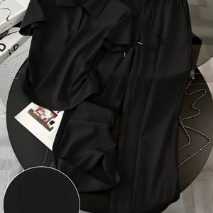 여름 신상 스타일 폴로 칼라 플리츠 허리 집어넣는 티셔츠 + 드레이피 와이드 레그 팬츠 세트 여성 캐주얼 게으른 투피스 세트