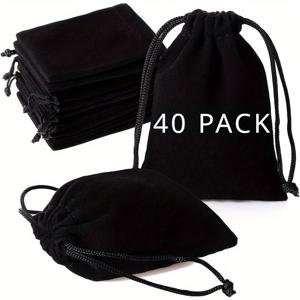 그녀/남자를 위한 선물 40개 검정 벨벳 드로스트링 주얼리 백, 3X4인치 선물 가방 (흰색 드로스트링 포함), 파티 답례품, 동전 지갑, 주사위 및 소규모 비즈니스 포장에 적합, 선물용 선물 가방, 크리스마스, 할로윈